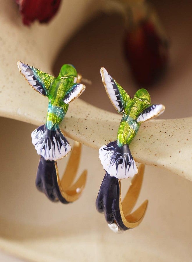POYAMUSE Colorful Hummingbird Enamel Stud Earrings - Flying Hummingbird C Shaped Stud Earrings for Women Oil Painting Style Jewelry - Image 4